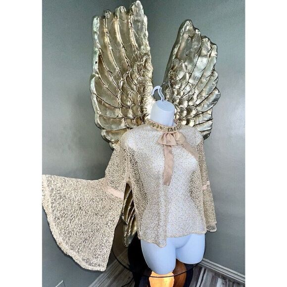 N by Nancy Women's Fishnet Sheer Lace  Champagne Collar Crystals, Size XL - Picture 4 of 16